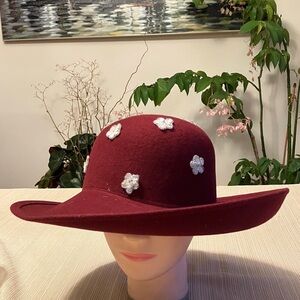 Elegant Burgundy Hat with White Sequined Beaded Floral Accents